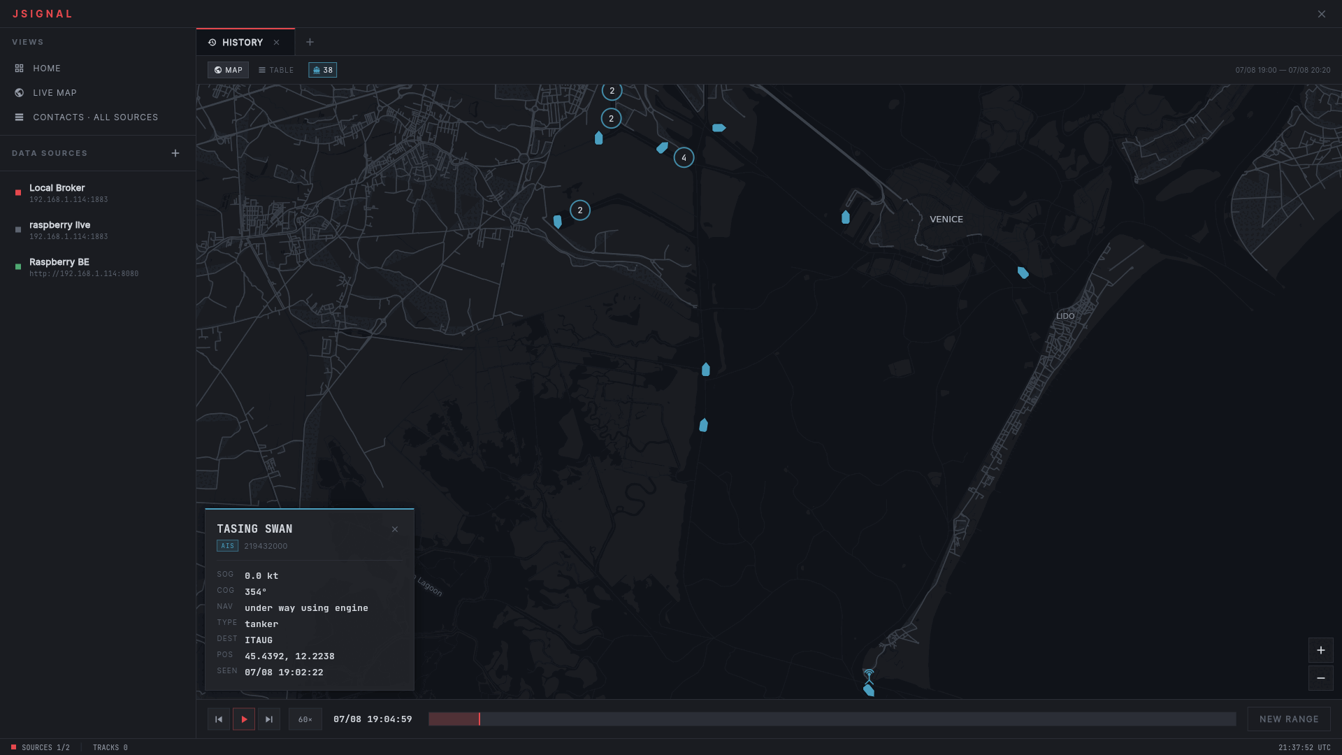 JSignal replaying recorded AIS traffic in the Venice lagoon