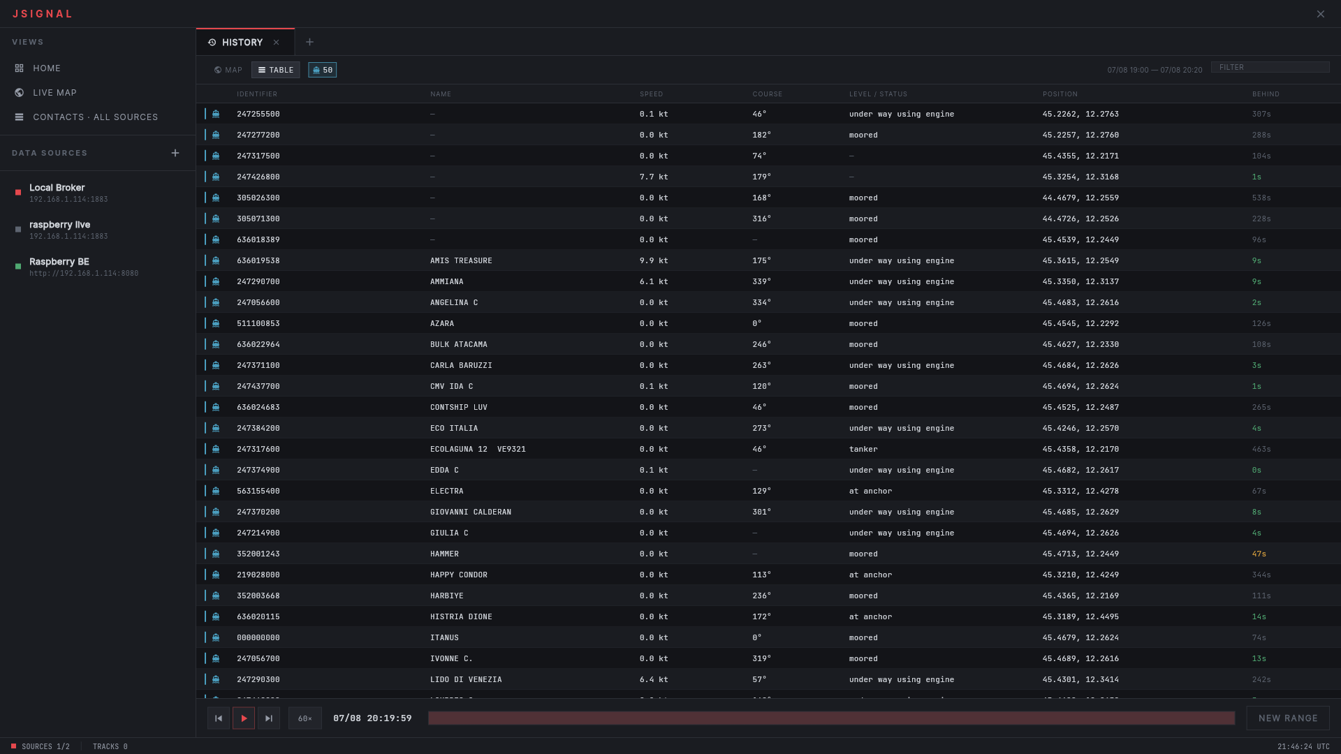 The JSignal contacts table, listing tracked vessels